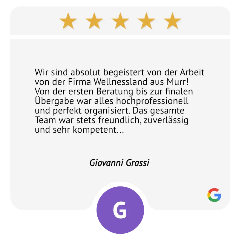 Wir sind absolut begeistert von der Arbeit von der Firma Wellnessland aus Murr! Von der ersten Beratung bis zur finalen Übergabe war alles hochprofessionell und perfekt organisiert. Das gesamte Team war stets freundlich, zuverlässig und sehr kompetent. Unsere Wünsche wurden genau umgesetzt, und das Ergebnis hat unsere Erwartungen sogar übertroffen – der Whirlpool ist einfach traumhaft! Besonders hervorheben möchten wir die saubere und termingerechte Ausführung sowie die transparente Kommunikation während des gesamten Projekts. Man merkt sofort, dass hier echte Profis am Werk sind, die mit Leidenschaft und Fachwissen arbeiten. Wir würden die Firma Wellnessland jederzeit wieder beauftragen und können ihn mit bestem Gewissen weiterempfehlen. Vielen Dank für die großartige Arbeit!