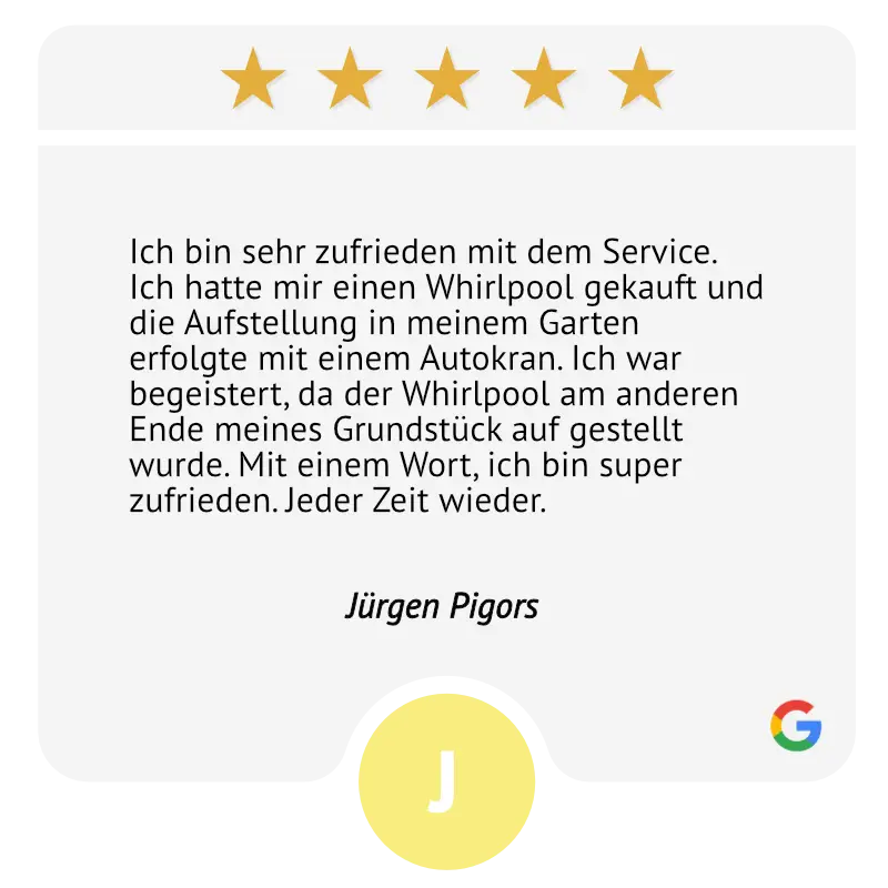Ich bin sehr zufrieden mit dem Service. Ich hatte mir einen Whirlpool gekauft und die Aufstellung in meinem Garten erfolgte mit einem Autokran. Ich war begeistert, da der Whirlpool am anderen Ende meines Grundstück auf gestellt wurde. Mit einem Wort, ich bin super zufrieden. Jeder Zeit wieder.