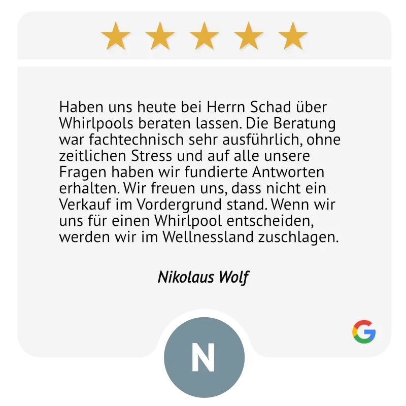 Haben uns heute bei Herrn Schad über Whirlpools beraten lassen. Die Beratung war fachtechnisch sehr ausführlich, ohne zeitlichen Stress und auf alle unsere Fragen haben wir fundierte Antworten erhalten. Wir freuen uns, dass nicht ein Verkauf im Vordergrund stand. Wenn wir uns für einen Whirlpool entscheiden, werden wir im Wellnessland zuschlagen.