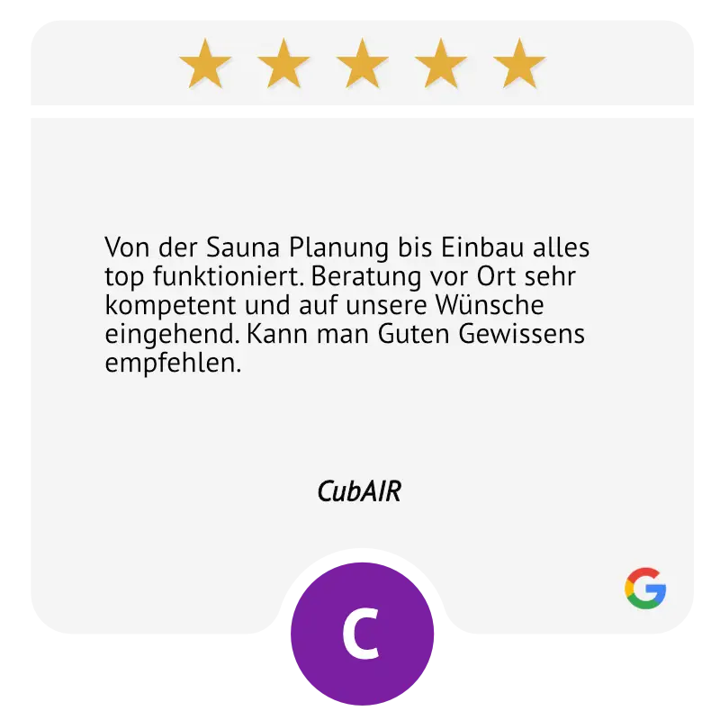 Von der Sauna Planung bis Einbau alles top funktioniert. Beratung vor Ort sehr kompetent und auf unsere Wünsche eingehend. Kann man Guten Gewissens empfehlen.