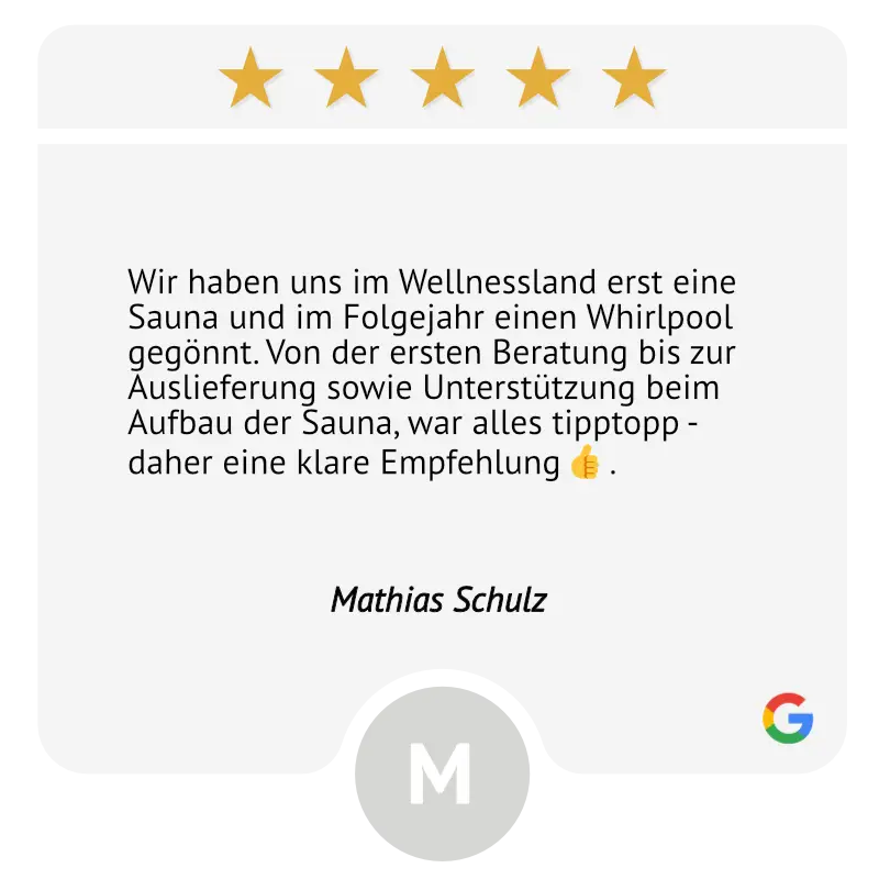 Wir haben uns im Wellnessland erst eine Sauna und im Folgejahr einen Whirlpool gegönnt. Von der ersten Beratung bis zur Auslieferung sowie Unterstützung beim Aufbau der Sauna, war alles tipptopp - daher eine klare Empfehlung.